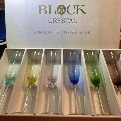 Vintage Never Used BLOCK Colored Champagne Flutes Set of 6 Hand Blown Crystal Stemware Glasses as Pictured.