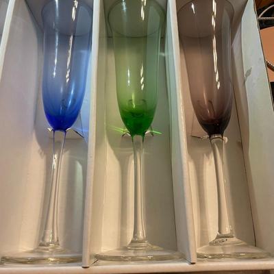 Vintage Never Used BLOCK Colored Champagne Flutes Set of 6 Hand Blown Crystal Stemware Glasses as Pictured.