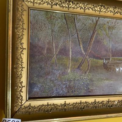 Oil On Canvas Swans On Lake Gold Gilt Frame Landscape
