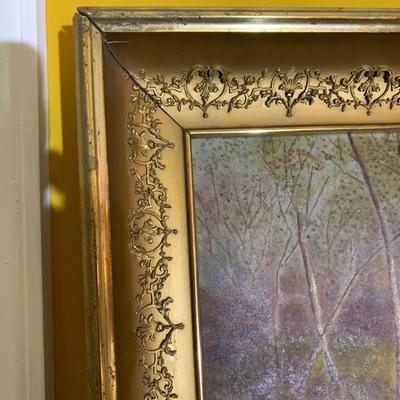 Oil On Canvas Swans On Lake Gold Gilt Frame Landscape