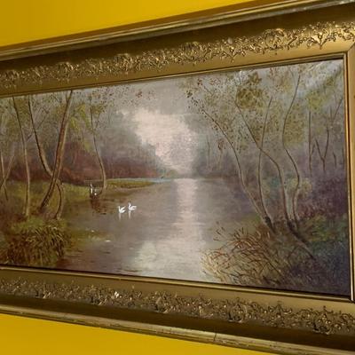 Oil On Canvas Swans On Lake Gold Gilt Frame Landscape