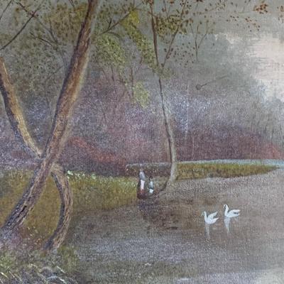 Oil On Canvas Swans On Lake Gold Gilt Frame Landscape