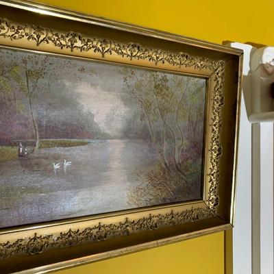 Oil On Canvas Swans On Lake Gold Gilt Frame Landscape