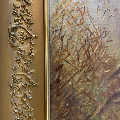 Oil On Canvas Swans On Lake Gold Gilt Frame Landscape