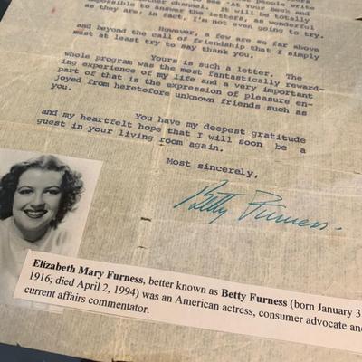 Betty Furness Signed Letter