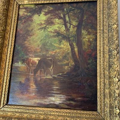 Cows In Stream Oil In Canvas Gold Gilt Frame