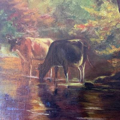 Cows In Stream Oil In Canvas Gold Gilt Frame