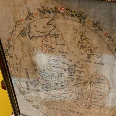Early Needlepoint England Map Framed