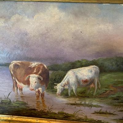 Bulls In Stream Oil On Canvas Gold Gilt Frame