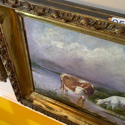 Bulls In Stream Oil On Canvas Gold Gilt Frame