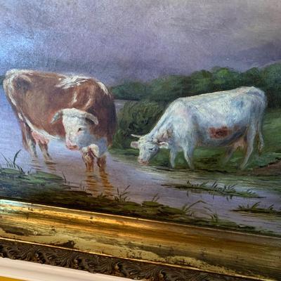 Bulls In Stream Oil On Canvas Gold Gilt Frame