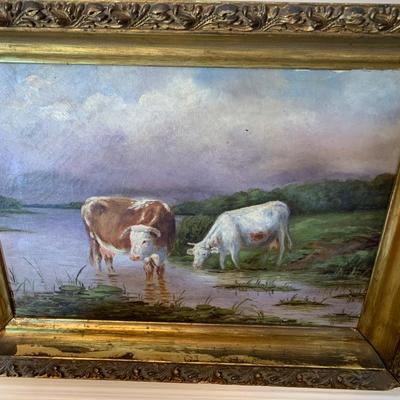 Bulls In Stream Oil On Canvas Gold Gilt Frame