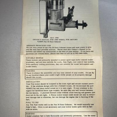 1980 Fox 36 RX RC Airplane Engine W/Rear Mount Muffler - Boxed