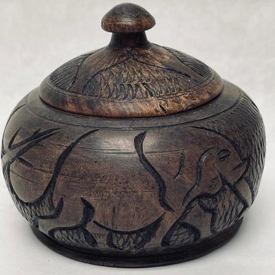 Vintage 1970's Carved Wooden Decorative Container with Lid