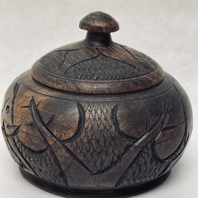 Vintage 1970's Carved Wooden Decorative Container with Lid