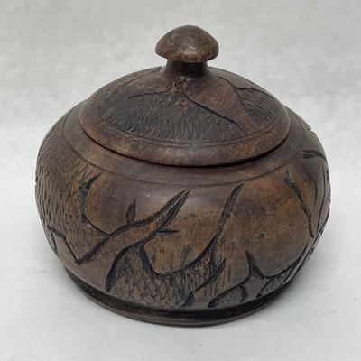 Vintage 1970's Carved Wooden Decorative Container with Lid