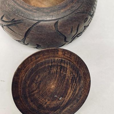 Vintage 1970's Carved Wooden Decorative Container with Lid