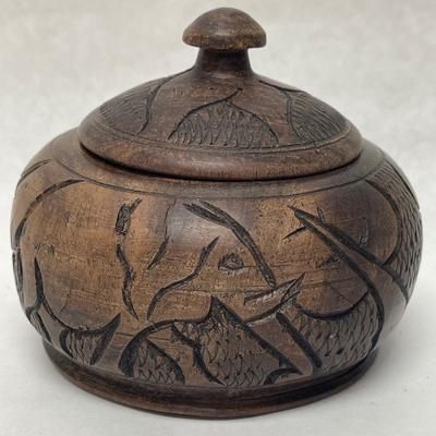 Vintage 1970's Carved Wooden Decorative Container with Lid