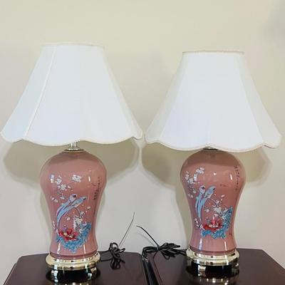 Pair Of Asian Hand Painted Ceramic 3 Way Table Lamp