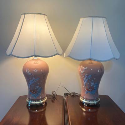 Pair Of Asian Hand Painted Ceramic 3 Way Table Lamp