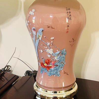 Pair Of Asian Hand Painted Ceramic 3 Way Table Lamp