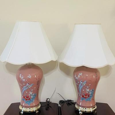Pair Of Asian Hand Painted Ceramic 3 Way Table Lamp