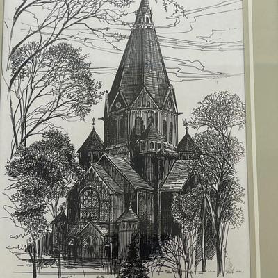 Drawing/ Etching Framed signed by artist Rheindahlen, St. Helena parish church