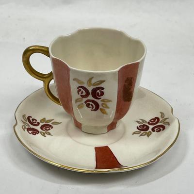 Rose Crown China Vintage Floral Striped Demitasse Teacup & Saucer