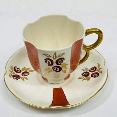 Rose Crown China Vintage Floral Striped Demitasse Teacup & Saucer