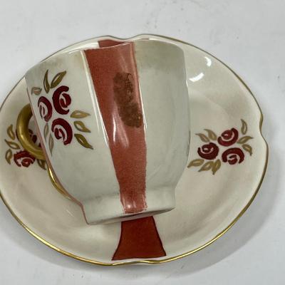 Rose Crown China Vintage Floral Striped Demitasse Teacup & Saucer