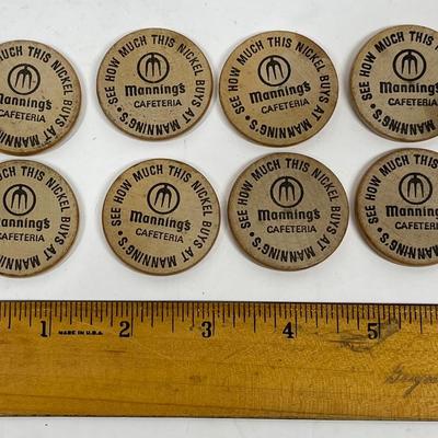 LOT of 8 Wooden Nickels Manning's Cafeteria California