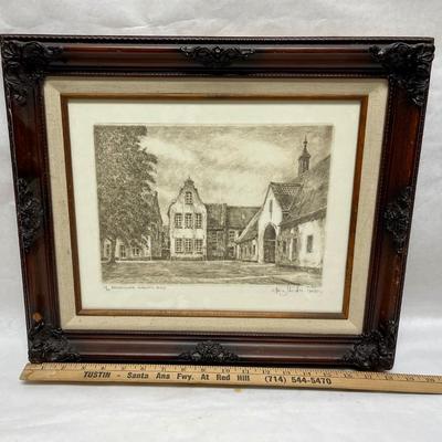 Framed Architectural Landscape Etching Art signed
