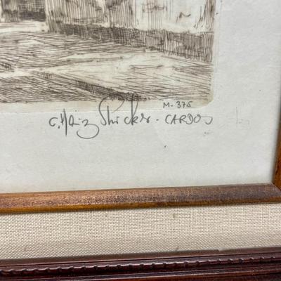 Framed Architectural Landscape Etching Art signed