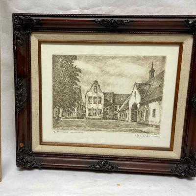 Framed Architectural Landscape Etching Art signed