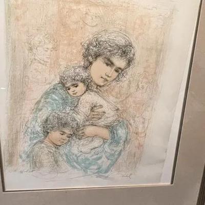 EDNA HIBEL (Mother with Two Children) Figurative Lithograph Numbered #4/156 by Edna Hibel, Frame Size 29