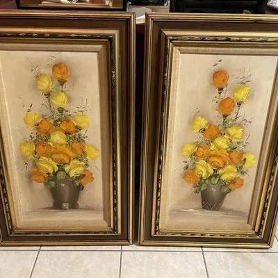 2-Mid Century Pair of Flower Still Life Oil/Acrylic on Canvas Paintings Signed by 