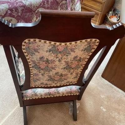 Victorian Hardwood Glider Rocker w/Great Upholstery Fabric. VG Condition for its Age. Well Kept!