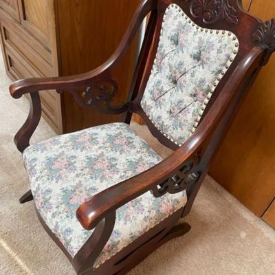 Victorian Hardwood Glider Rocker w/Great Upholstery Fabric. VG Condition for its Age. Well Kept!