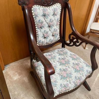 Victorian Hardwood Glider Rocker w/Great Upholstery Fabric. VG Condition for its Age. Well Kept!