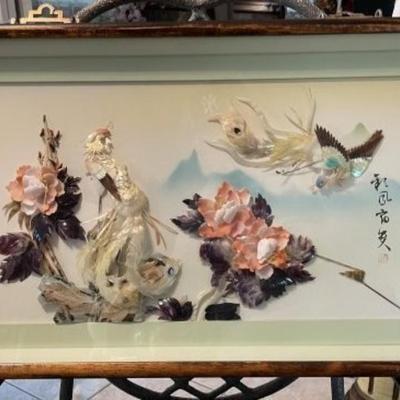 Beautiful Vintage Framed Asian Inspired 3-Dimensional Mother of Pearl Shell Art. Wall Decor Encased Frame Size 15.5