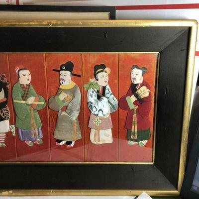 Vintage Early 20th Century Chinoiserie Asian Cloth 3-D Figures, 8-Figurines in an Old-time Frame 13.50in x 26.75in. Preowned from an Estate.