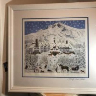 Snowflake Paradise (Timberline Lodge) by Jennifer Lake Miller Lithograph 74/250 in a Custom White Lacquered Frame. Frame Size 26.5