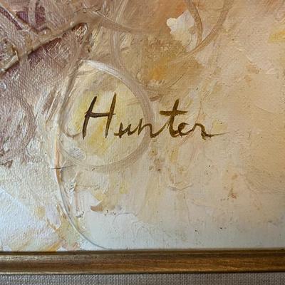 VINTAGE HUNTER SIGNED ABSTRACT DOUBLE SANTA FACES OIL/ACRYLIC ON CANVAS PAINTING FRAME SIZE 24