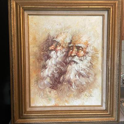 VINTAGE HUNTER SIGNED ABSTRACT DOUBLE SANTA FACES OIL/ACRYLIC ON CANVAS PAINTING FRAME SIZE 24