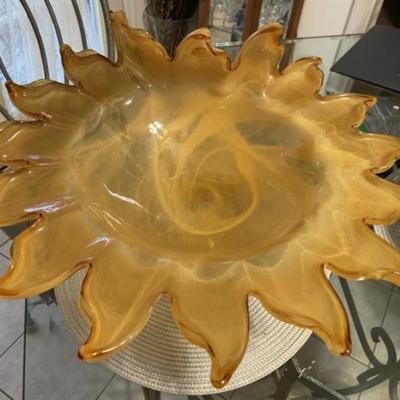 Unique Huge Mid-Century Art Glass Pedestal Bowl w/Scalloped Edges 7