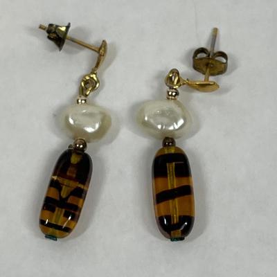 Vintage Amber & Pearl Dangle Earrings