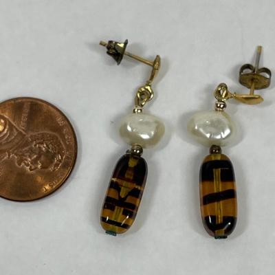 Vintage Amber & Pearl Dangle Earrings