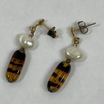Vintage Amber & Pearl Dangle Earrings