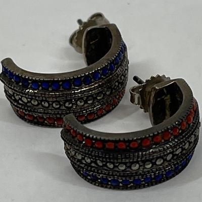 Vintage Red, White, & Blue Rhinestone C Hoop Earrings 925 Sterling