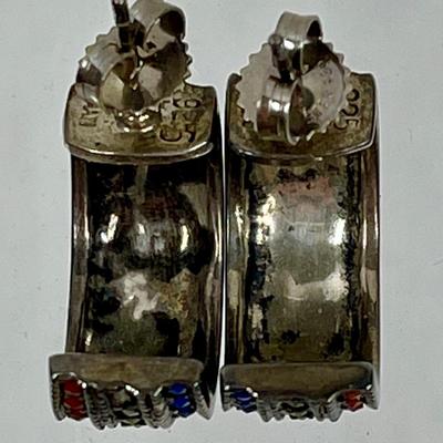 Vintage Red, White, & Blue Rhinestone C Hoop Earrings 925 Sterling